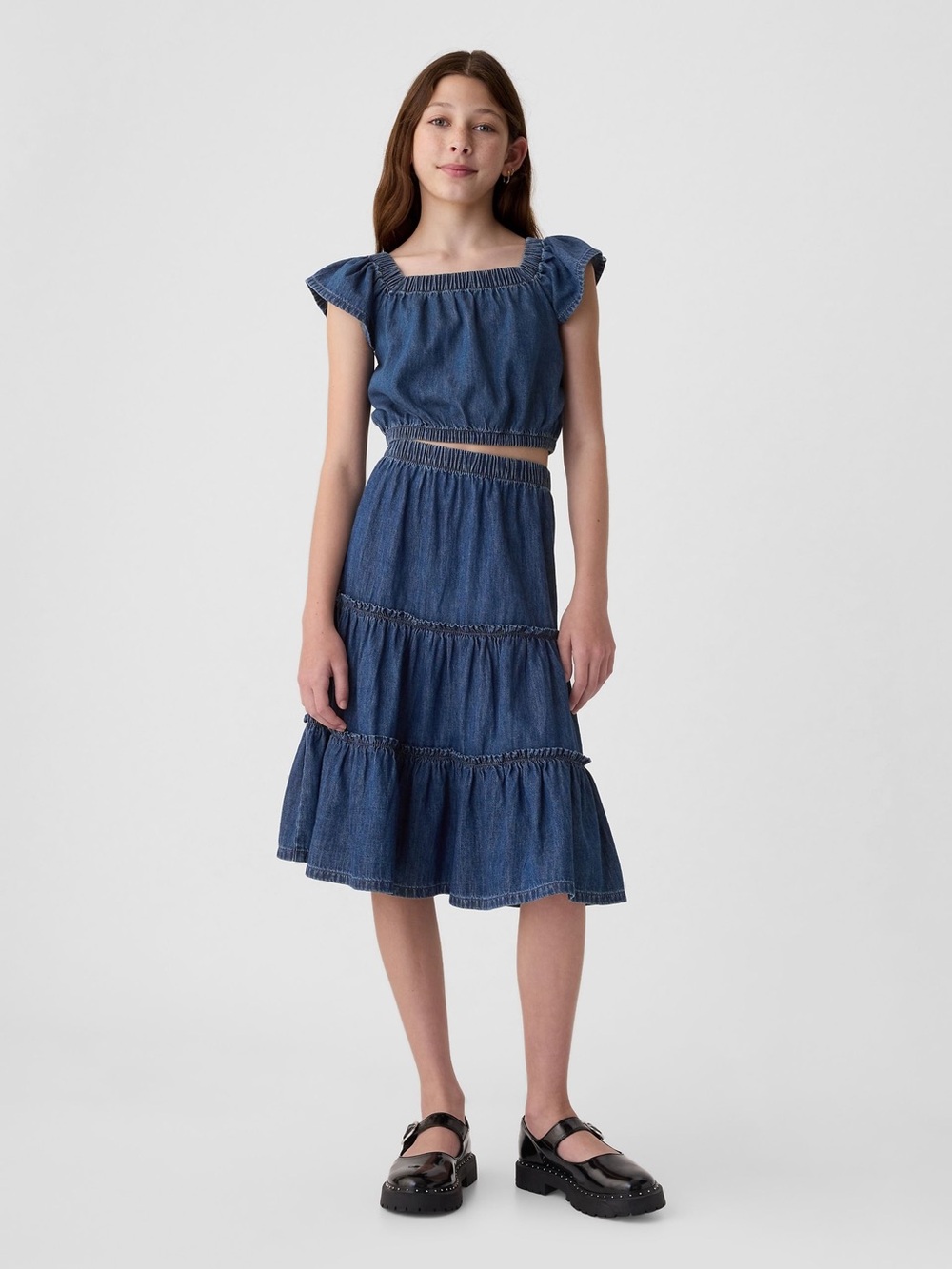 GAP Kids Blue Cotton Tiered Denim Midi Skirt and top (4-5Y)